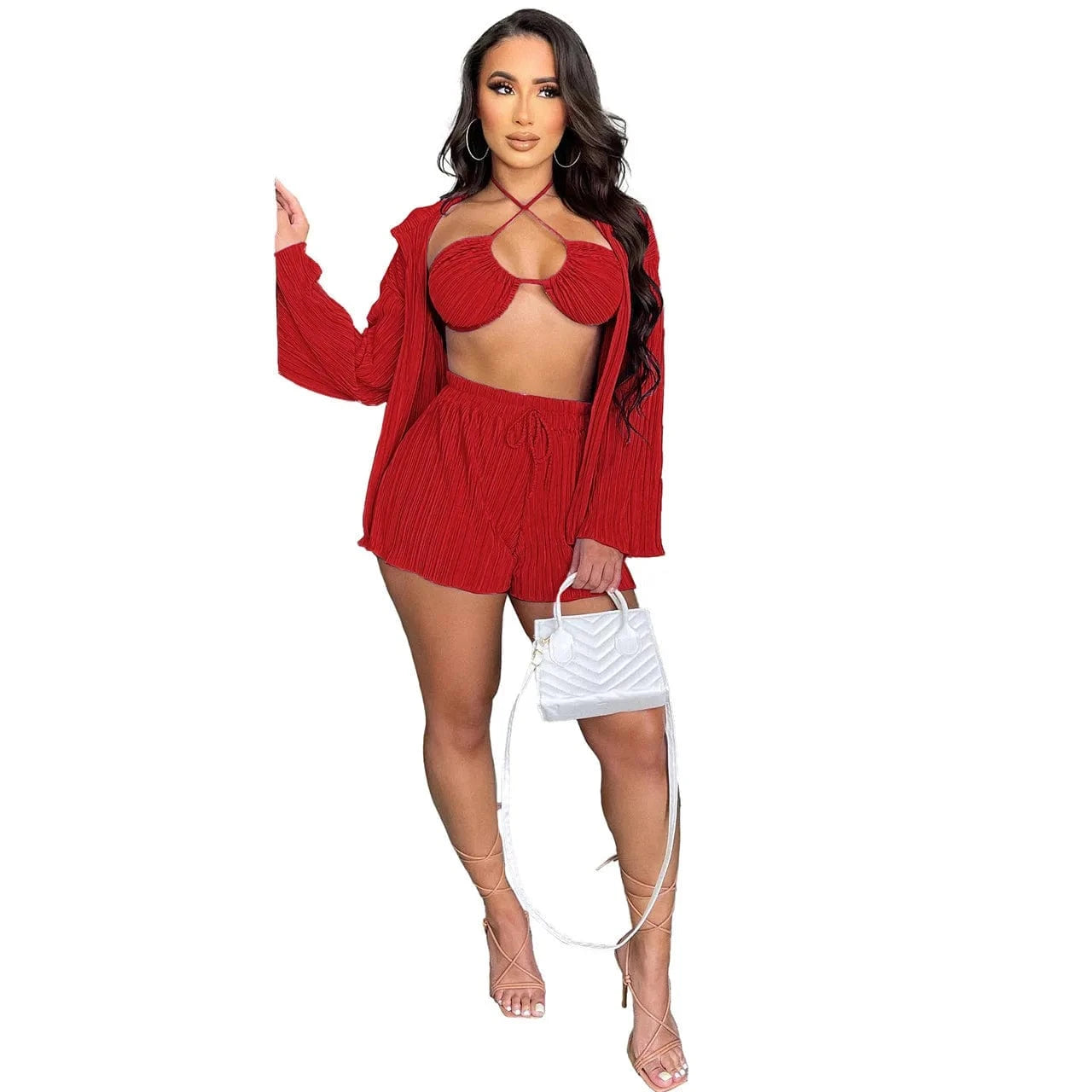 L / Red Sexy Long Sleeve Shirts 3 Pieces Solid Pleated Suits Female Fashion Straight Bikini Cardigan Outfits Bra And Biker Shorts Set