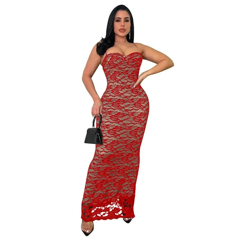 L / Red summer 2024 women ladies sexy sleeveless maxi long white lace fabric elegant wedding evening gown dress for women graduation