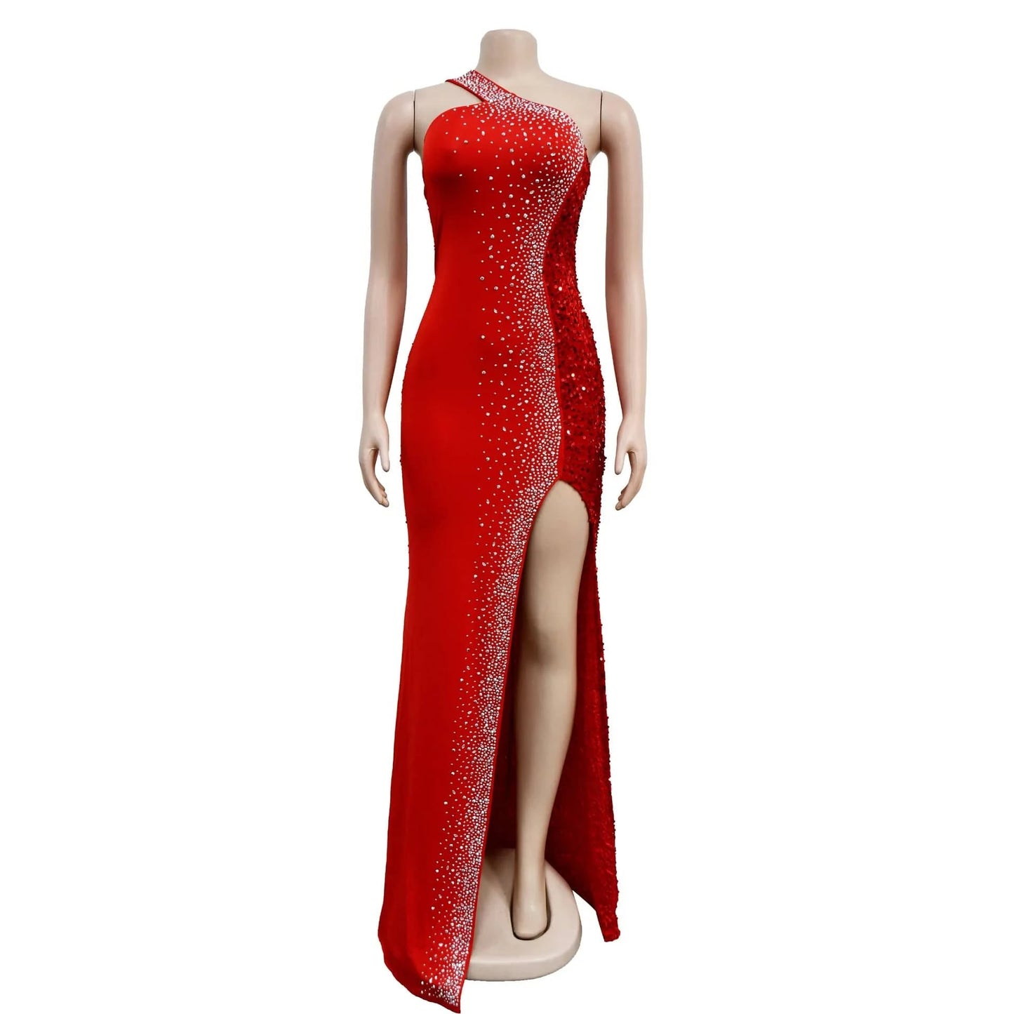 L / Red Wholesale wedding summer High Quality Party Sexy One side Shoulder prom cut out Sequin Slit Evening maxi Dresses For Women
