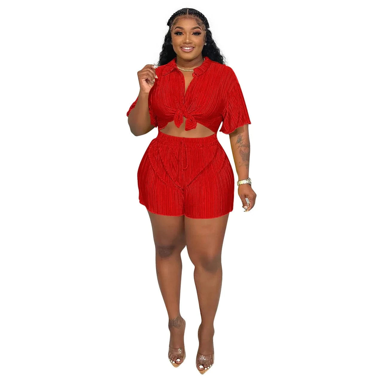 L / Red Z140353 2024 spring summer black womens t-shirt and shorts sets Casual Wrinkle 2 piece short shirt set with button
