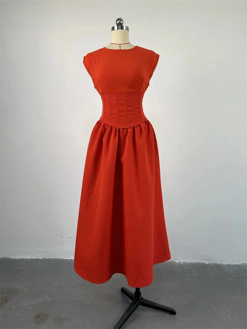 L / Red ZHEZHE Designer Pleated High Waist Dress Women Black See Through Long Dress Female High Waist Elegant Lace Up Dress