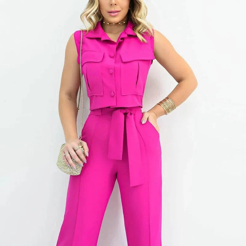 L / Rose Madder Sleeveless Pant Sets 2024  Women Elegant Tank Tops and Straight Pants Suits Casual 2pcs Pocket Matching Sets
