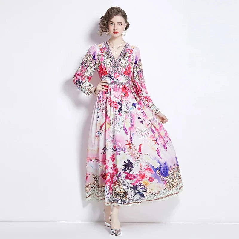 L / Rose red 2024 Spring Style Retro Print V-neck High Waist Slim Large Swing Long Dress QP6556078