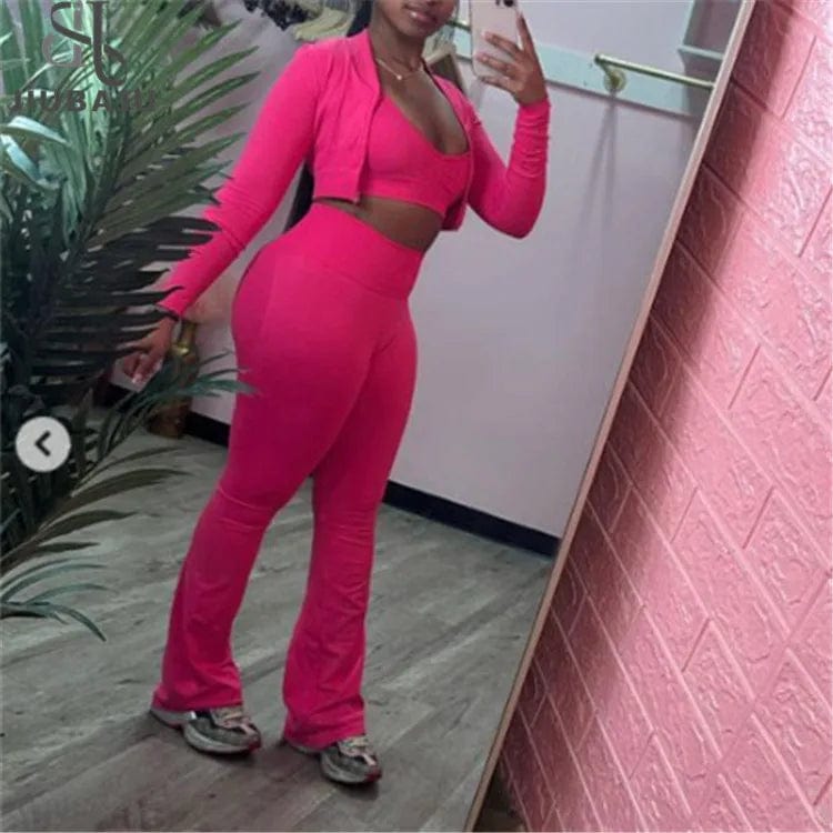 L / Rose red-3 piece set 3 Pieces Fitness Yoga Set Women Solid Color Stretch Athletic Suit Sexy Bra Zipper Jacket High Waist Leggings Female Sportswear