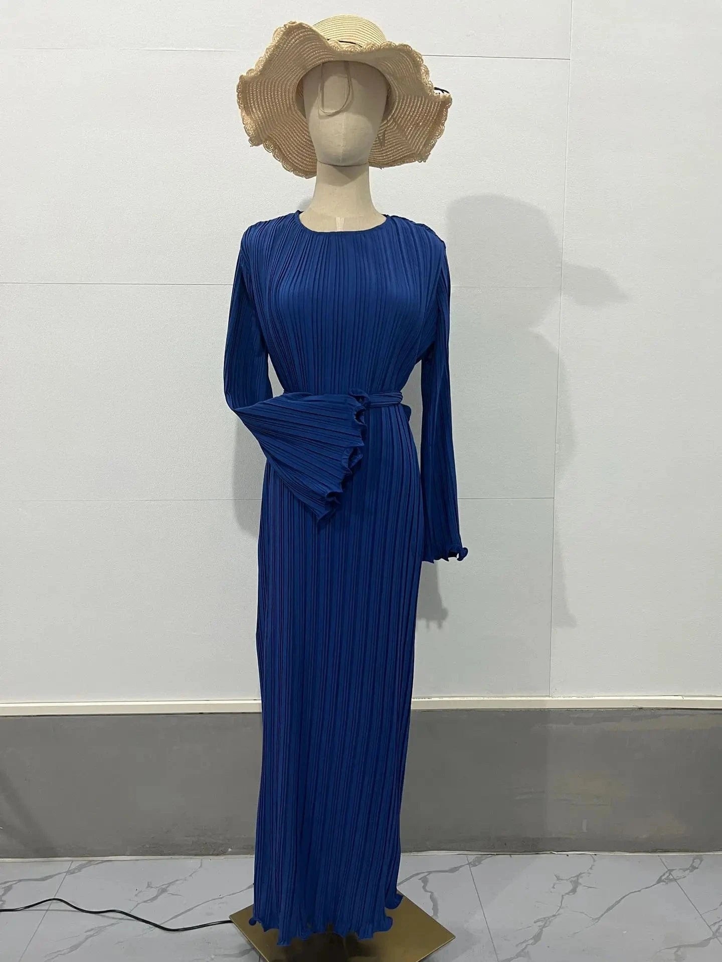 L / sapphire blue 2024 Spring Autumn Women New Fashion Long Dress Women's Casual Solid Color Round Neck Dress Trumpet Sleeve Pleated Abaya Dress