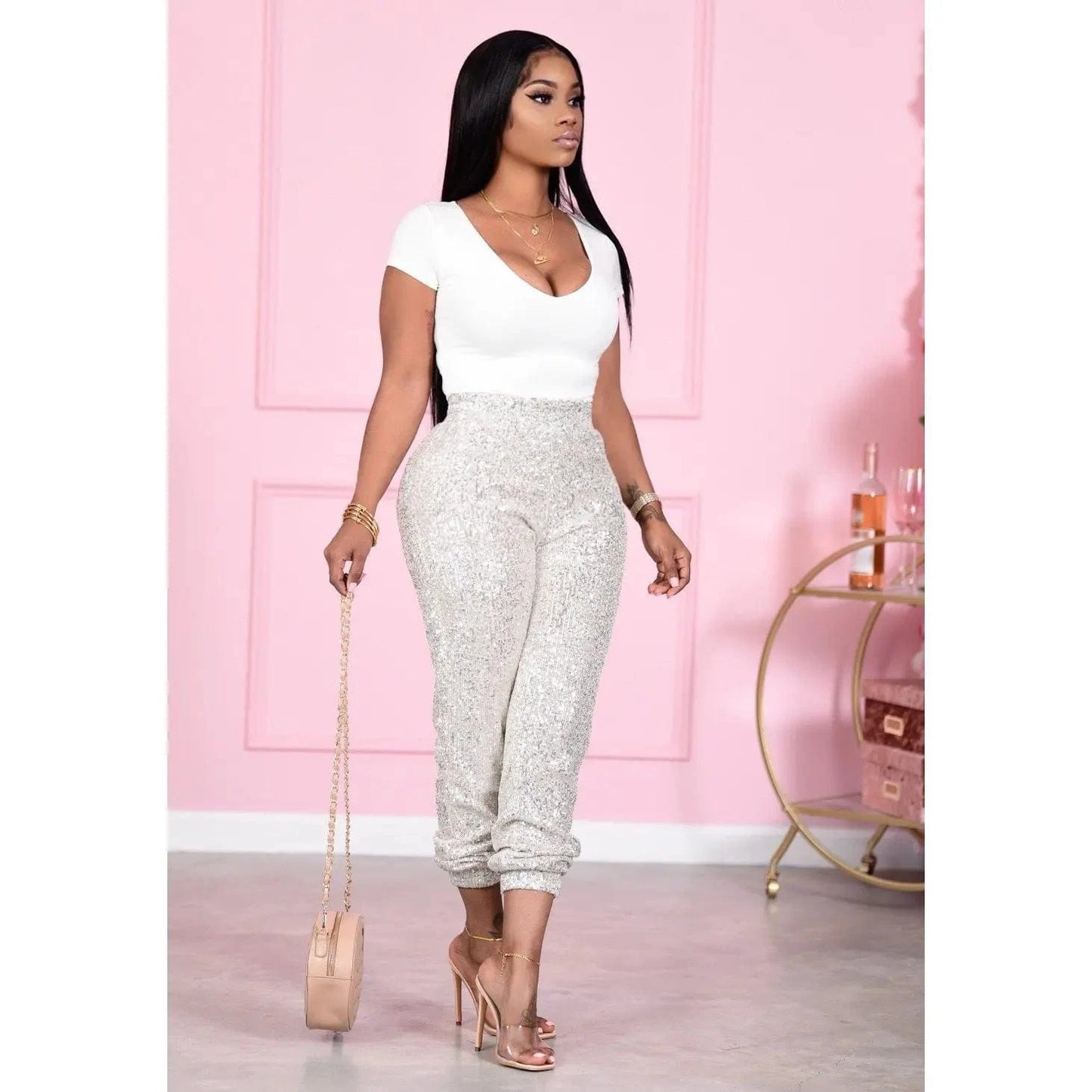 L / silver High Waist Elastic Sequined Ankle Banded Pants Women Spring Fall Shining Casual Pant