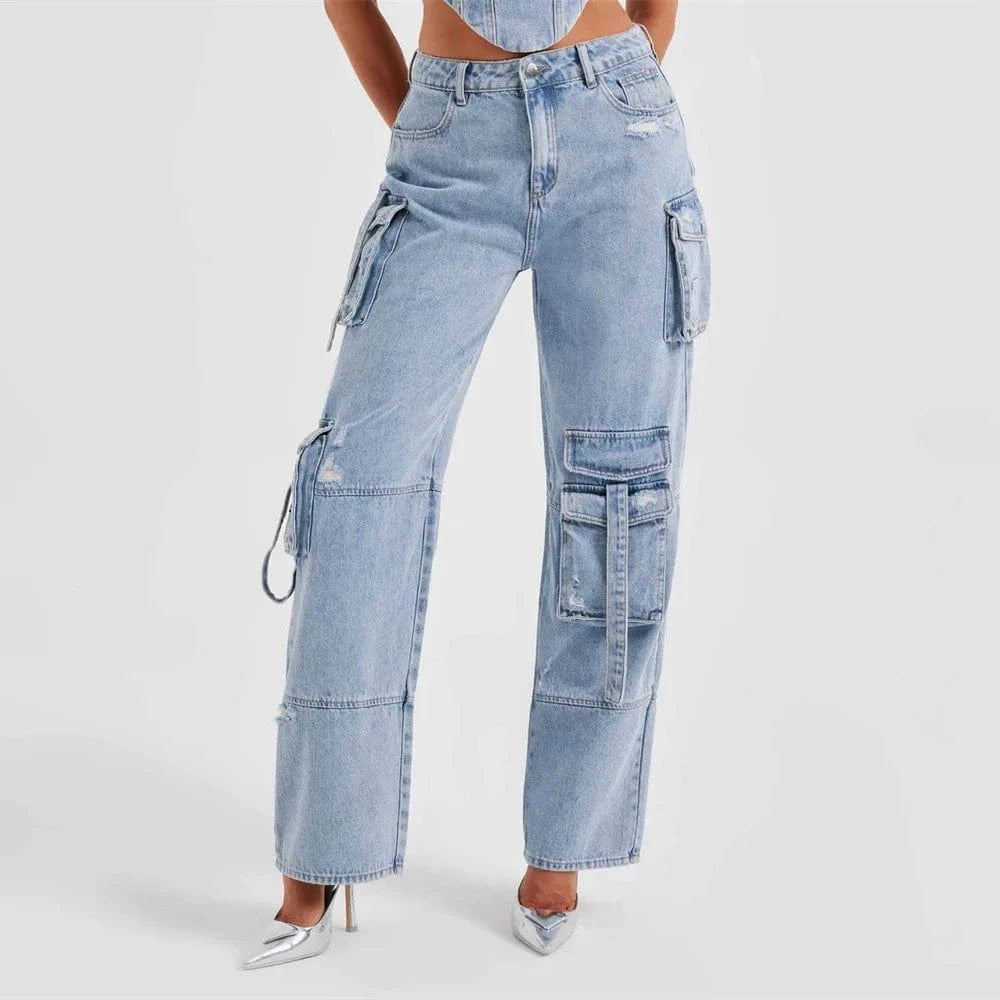 L / Sky Blue High Waist Wide Leg Cargo Denim Jeans for Women