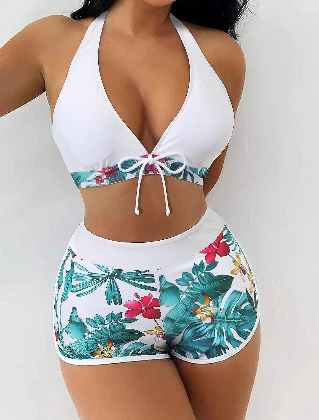 L / Style 14 2024 Custom Two Piece Female Leaves Printed High Waist Bikini Set Women Halter Neck Padded Swimwear Push Bra Pads Swimsuit