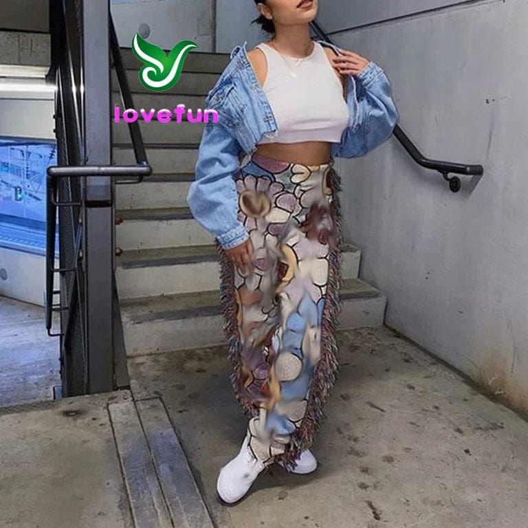 L / Sunflower Fashion Tassel Pants Women High Waist Skinny Streetwear Casual Side Tassel Fringe Tapestry Pants For Women