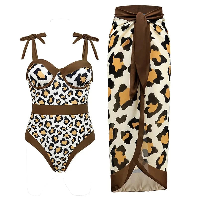 L / swimsuit +sarong TW 2024 trajes de bano women custom swim skirt beach leopard push up vintage one piece swimsuit swimwear beachwear cover up
