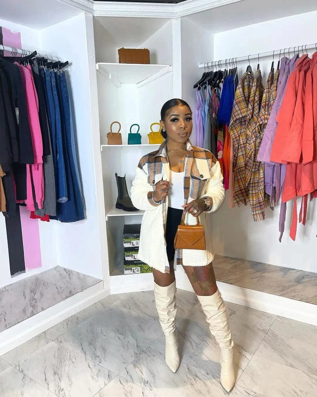 L / tan Fashion True Size Women Coats Winter and Autumn Jacket Patchwork Plaid Thicken Fur Coat Fur Jacket Lamb Wool Coat