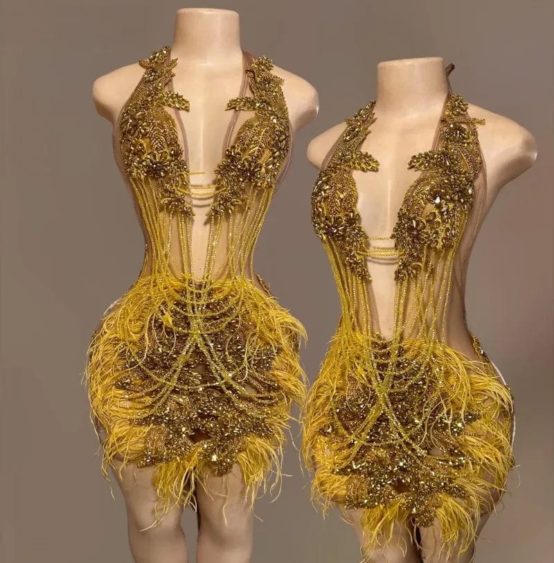 L / TH231101601 Gold Ocstrade Feather Halter Neck Sexy Dresses Women Night Club 2023 Mesh See Through Crystal Black Rhinestone Mini Birthday Dress