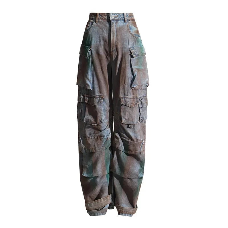 L / tie dye GX8294 Wholesale Fashion Ladies Jeans Women's Straight Hip-Hop Multi-Pocket Cargo Denim Pant