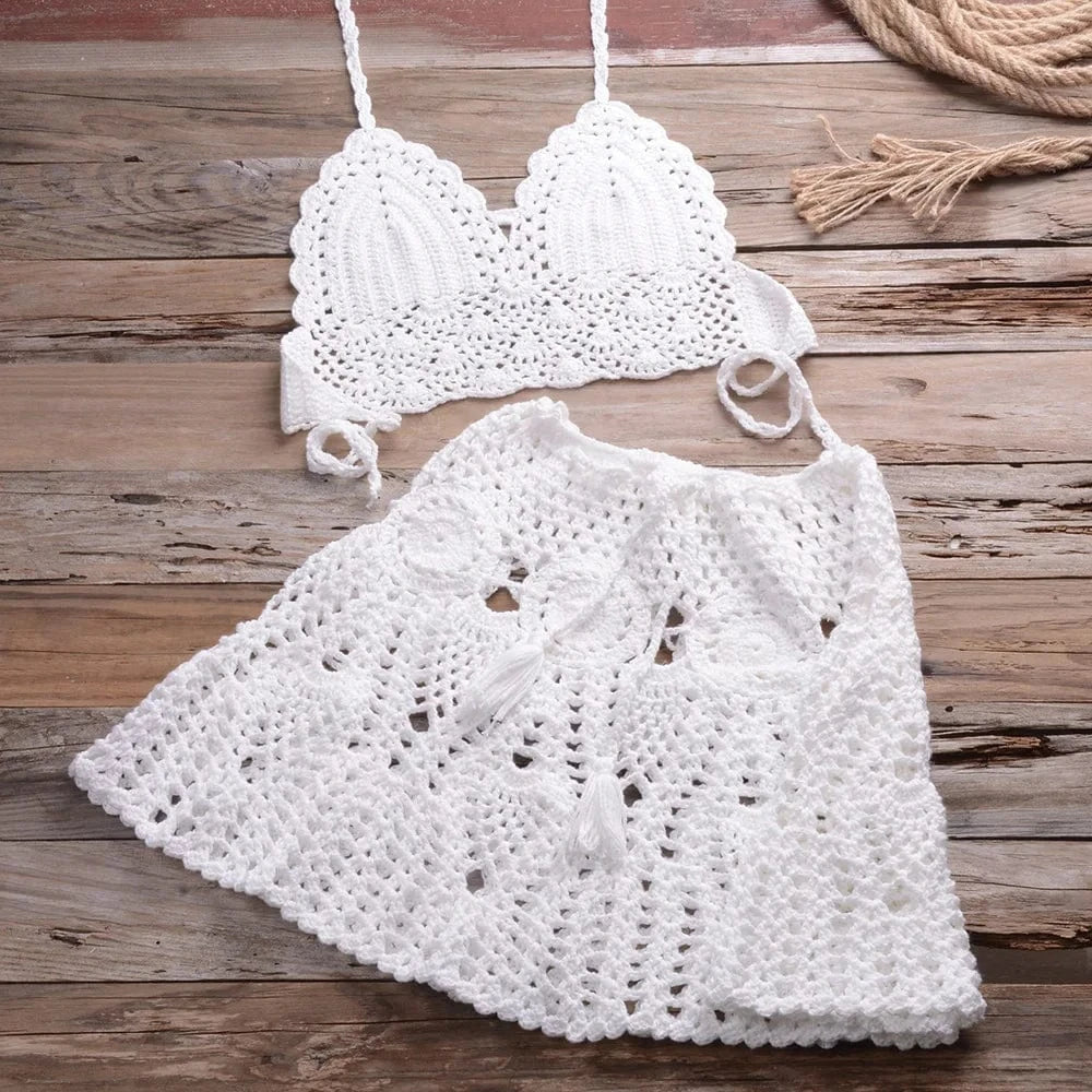 L / White 2024 Sexy Crochet Bikini Swimwear Women Two Piece Swimwear Cover Up Swim Skirt Bathing Hollow Out Swimsuit