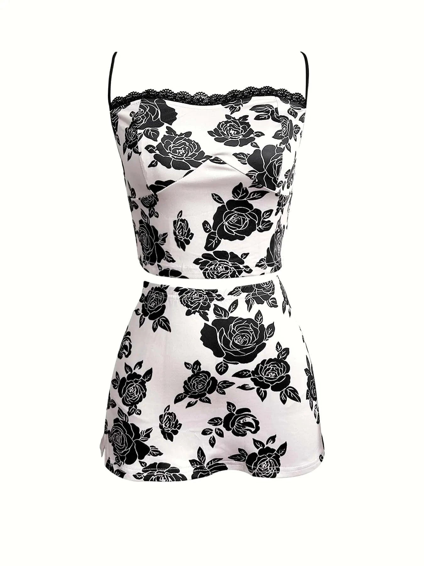 L / White 2024 Summer New Two Piece Set Lace Trim Floral Print Camisole Top and Matching Mini Skirt 2 piece Skirt set Women Clothing