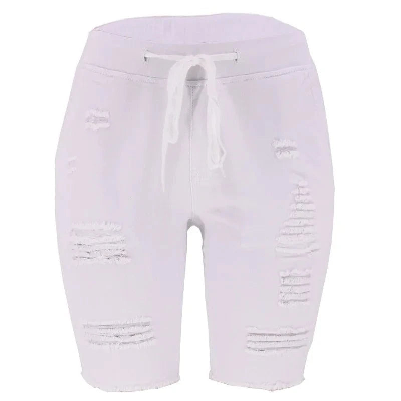 L / White 2024 Summer Women's Skinny Jean Shorts Elasticized Frayed Denim Mid Waist Breathable and Washable Solid 3D Pattern