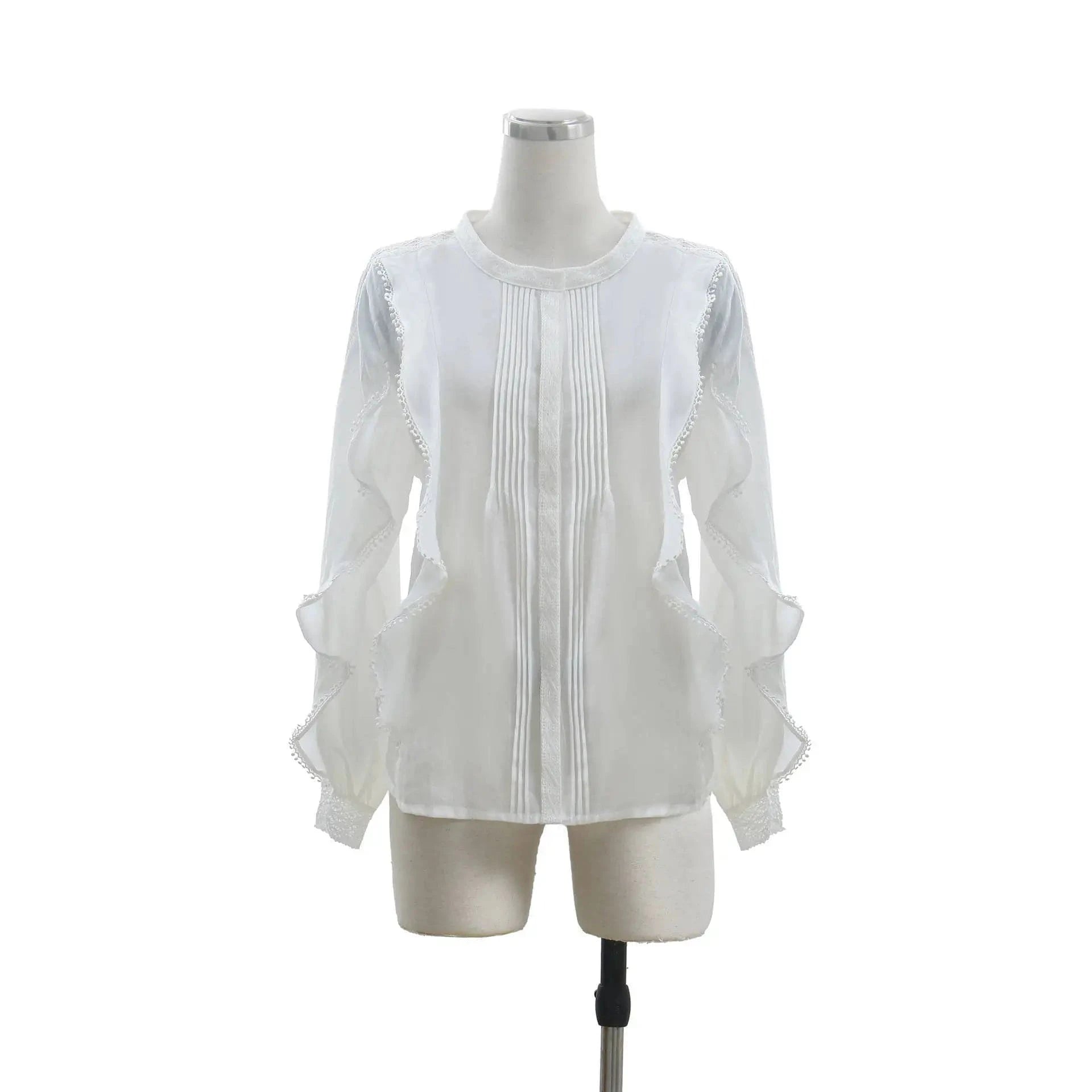 L / White 2024 White Vintage French Style Lady Elegant Ruffles Top Round Collar Long Sleeve Lace Patchwork Women Solid Blouse