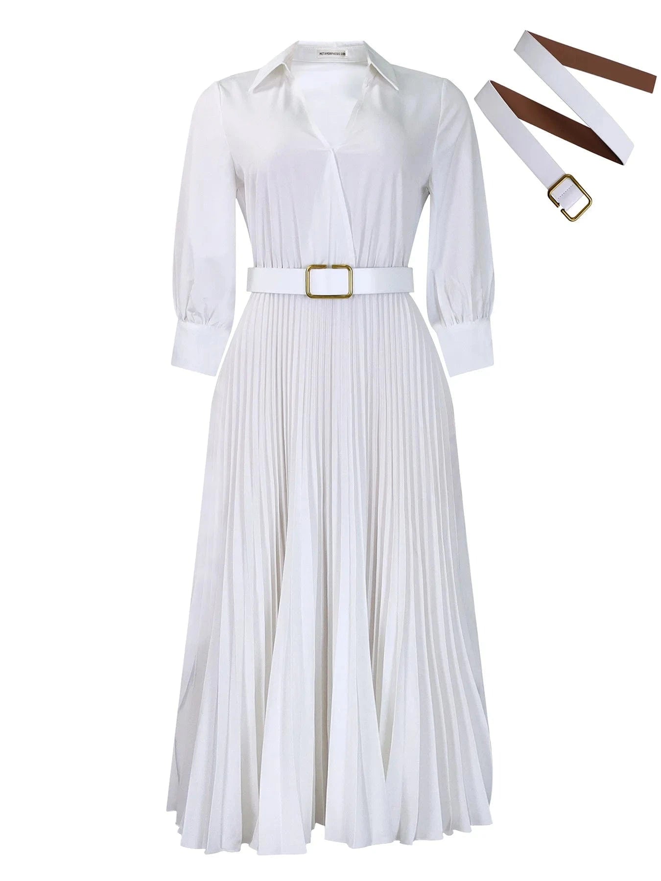 L / White 2024 Wholesale Ladies Long Dress With Belt Women's clothing Party Pleated Dress Long Sleeve Women's Dresses
