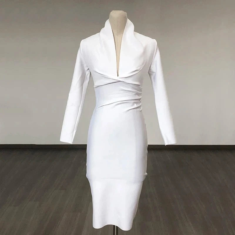L / White BA042 New Women's Top Party Casual Bandage Dress Long Sleeve High Quality Midi Vestidos Bodycon Deep V-Neck Sexy Evening Dresses