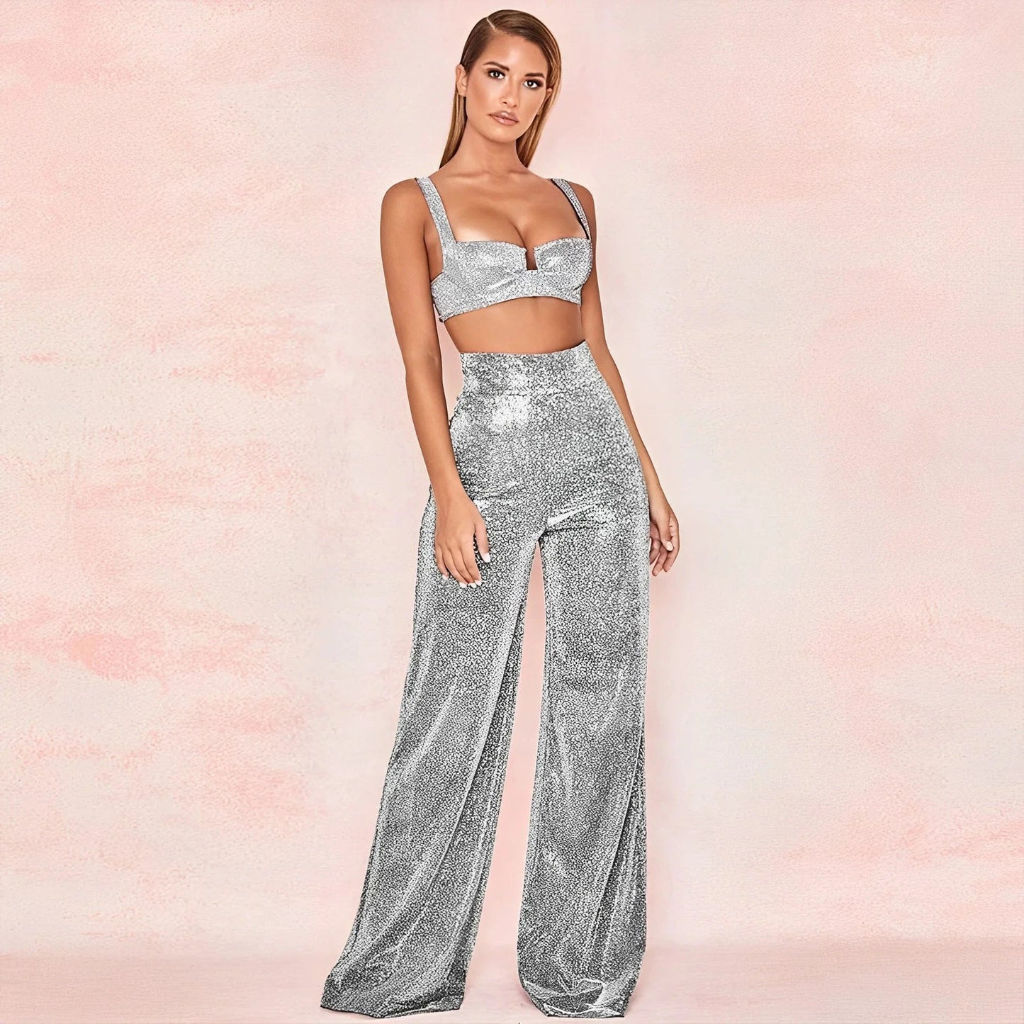 L / White DAMOCHIC Custom Logo Wide Legged Women Pants Red Sequin Trousers for Ladies High Waist Loose Back Zipper Wholesale Palazzo Pants