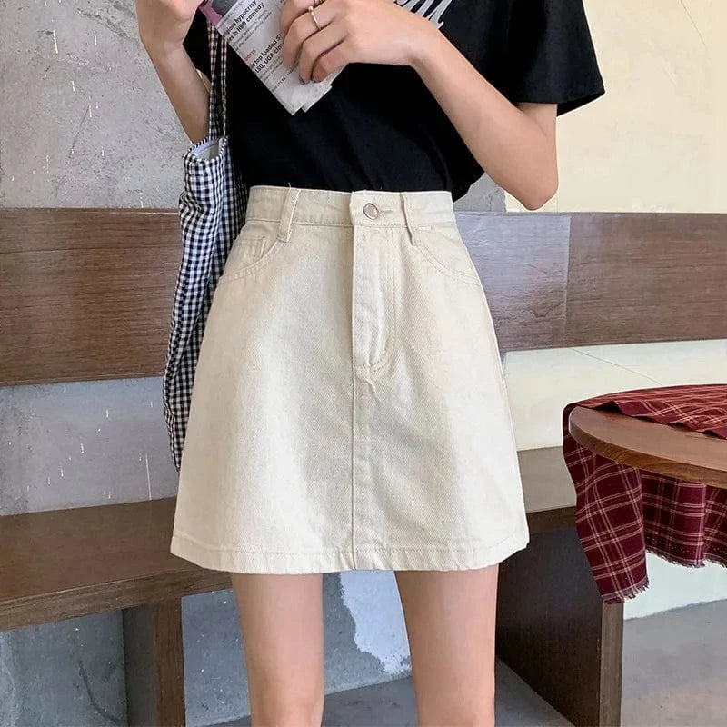 L / White Fashion women zipper denim mini skirt summer high waist A-line female blue jeans casual Korean high quality mujer jeans skirt