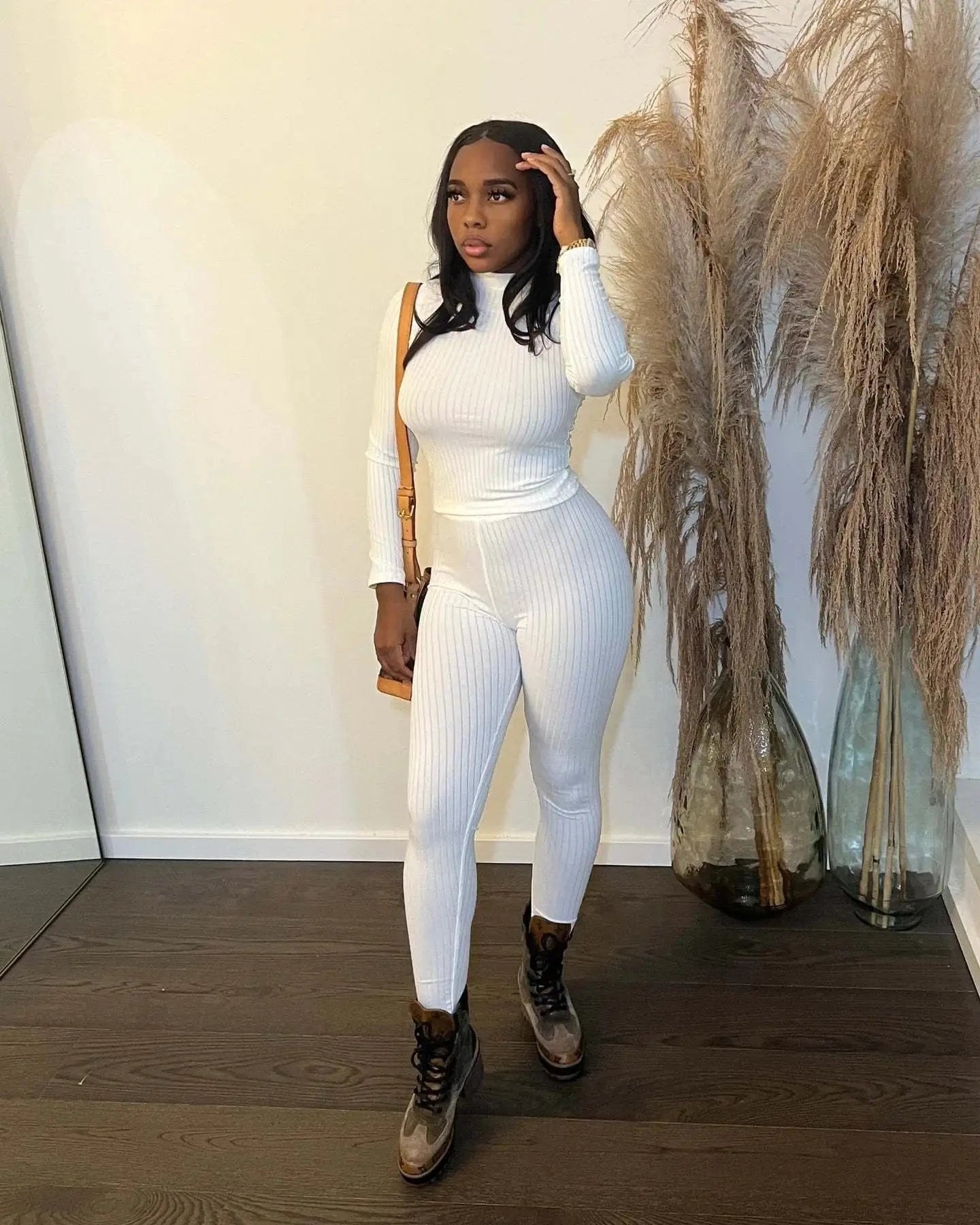 L / White Liu Ming Autumn Winter Wholesale 2024 Fashion Women Casual 2 Piece Set Ribbed Solid O Neck Long Sleeve Crop Top Pants Tracksuit