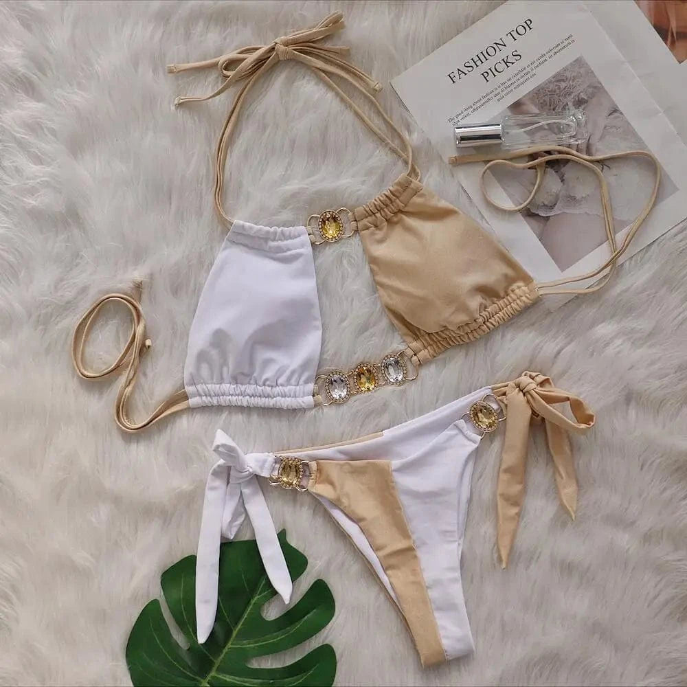 L / White New arrivals 2024 summer diamond two piece swimwear beachwear beachwear woman bikini