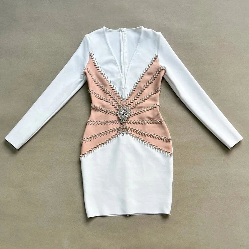 L / White New  Women Sexy Long Sleeve Square Beading Elegant Sexy Celebrity Club Party Dress