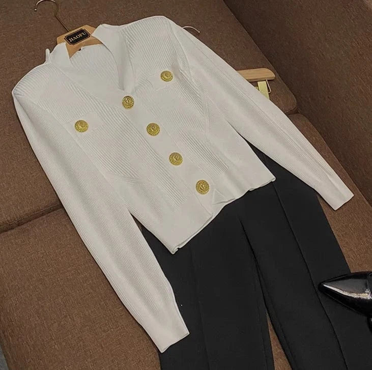 L / White Spring New Arrival 2024 All-match V-neck High Quality Single-breaseted Long Sleeve Sweater Knitted Slim Short Cardigan