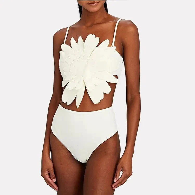 L / White three-dimensional flower bikini DAMOCHIC Three-dimensional flower Swimwear Summer Sexy Backless Bikini Adjustable thin shoulder strap Bathing Suit 2023