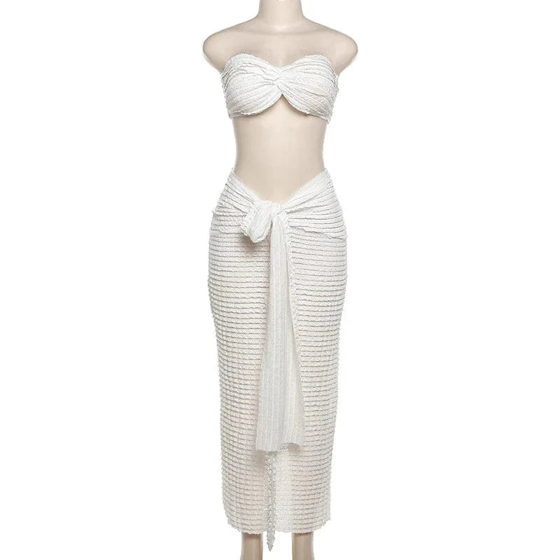 L / White Wholesale Knitwear Long Skirt Bra Set 2-Piece Set For Women Spring 2024
