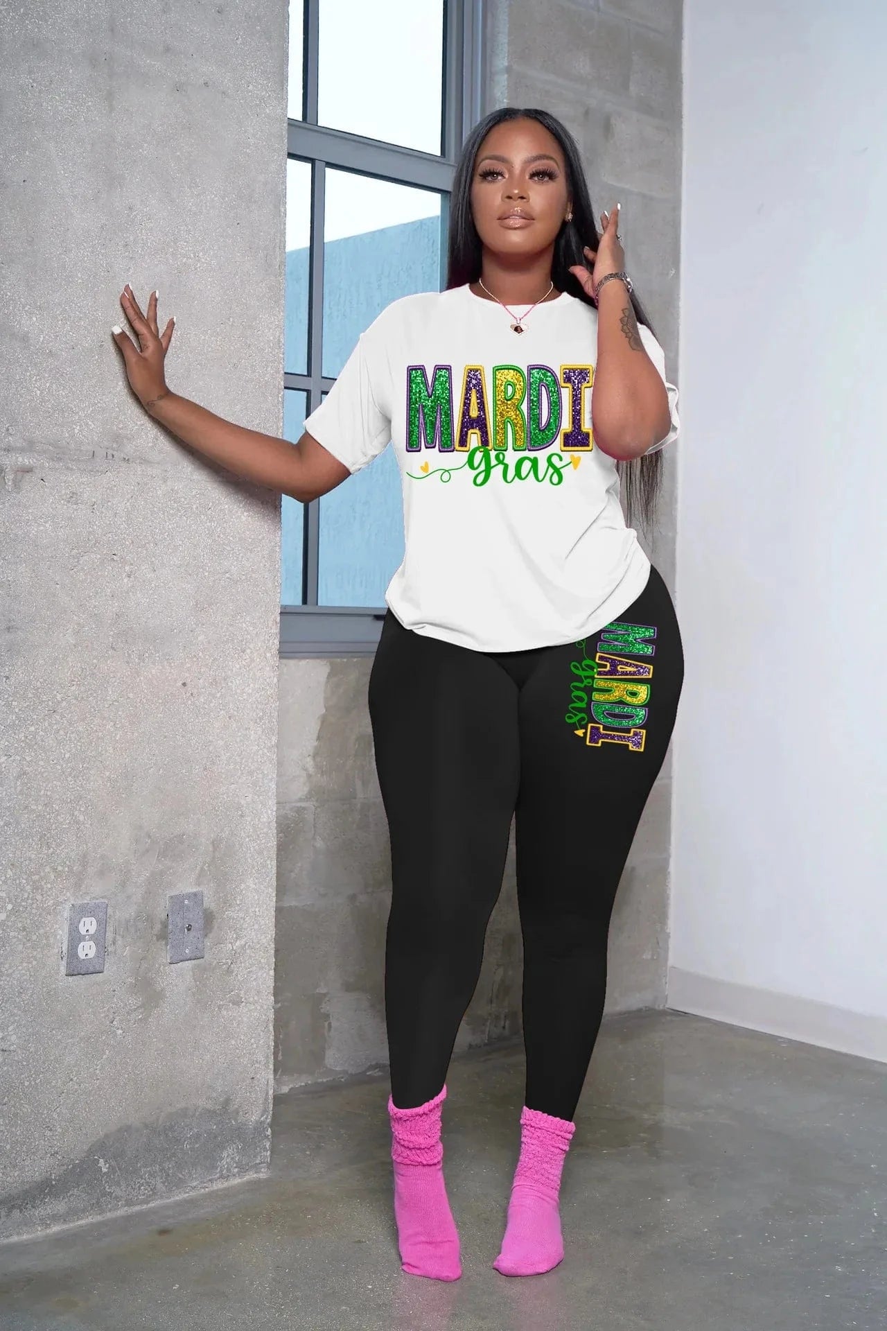 L / White Z182578 2024 custom logo Summer Casual print T-shirt long pant mardi gras 2024 print long two-piece shirt and pants for women