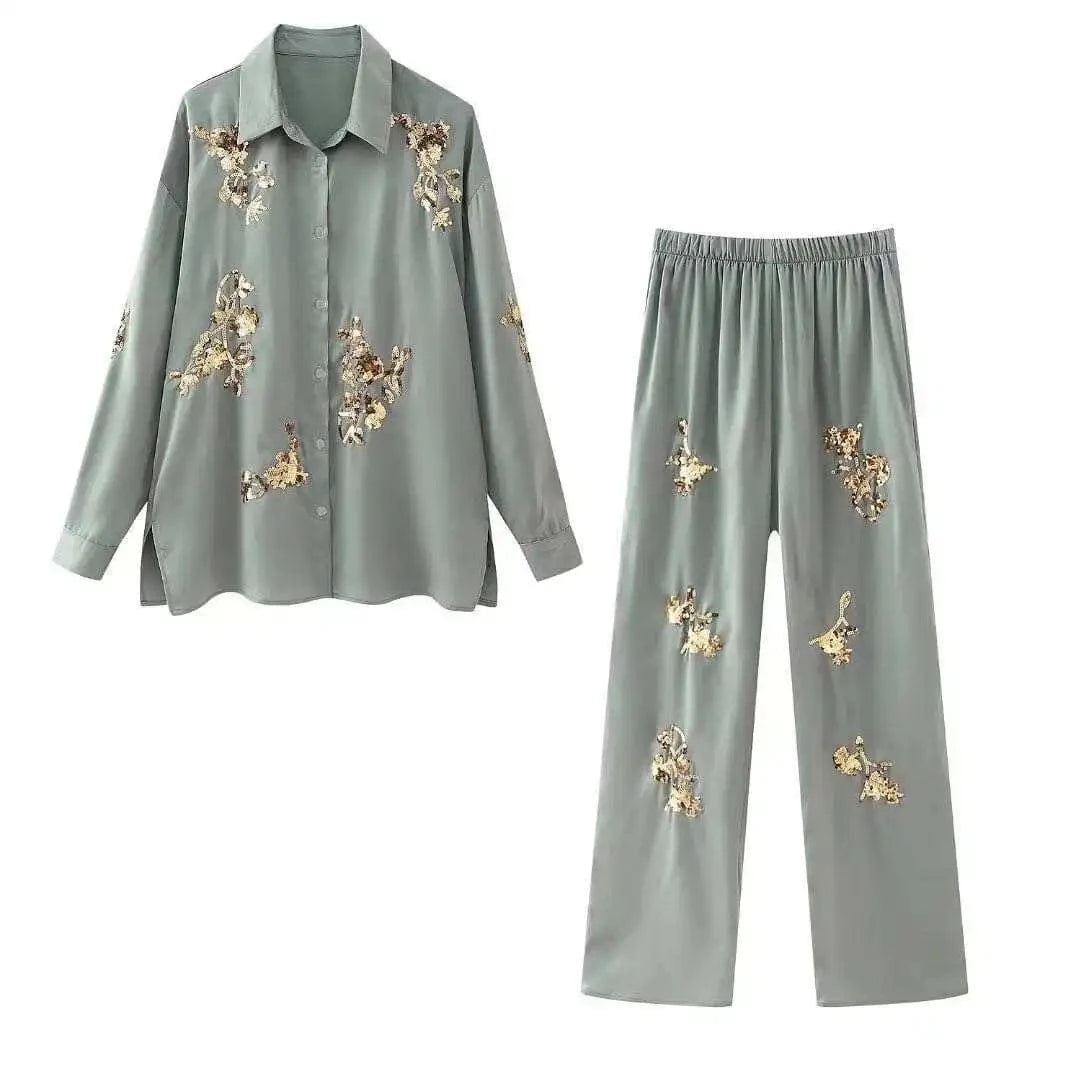 L / whole set GX1320 New 2024 Elegant Spring Women Boutique Street Wear Long Sleeve Sequin Design Shirt and Pant Matching Suit 2 Piece Set