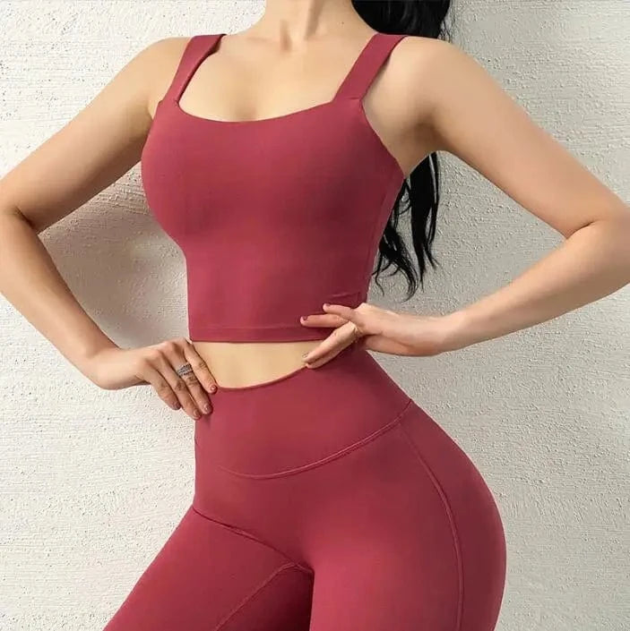 L / wine red 2024 Double sided matte nude feel gathering shock-absorbing sports vest women's suspender deep U-shaped back yoga vest style bra
