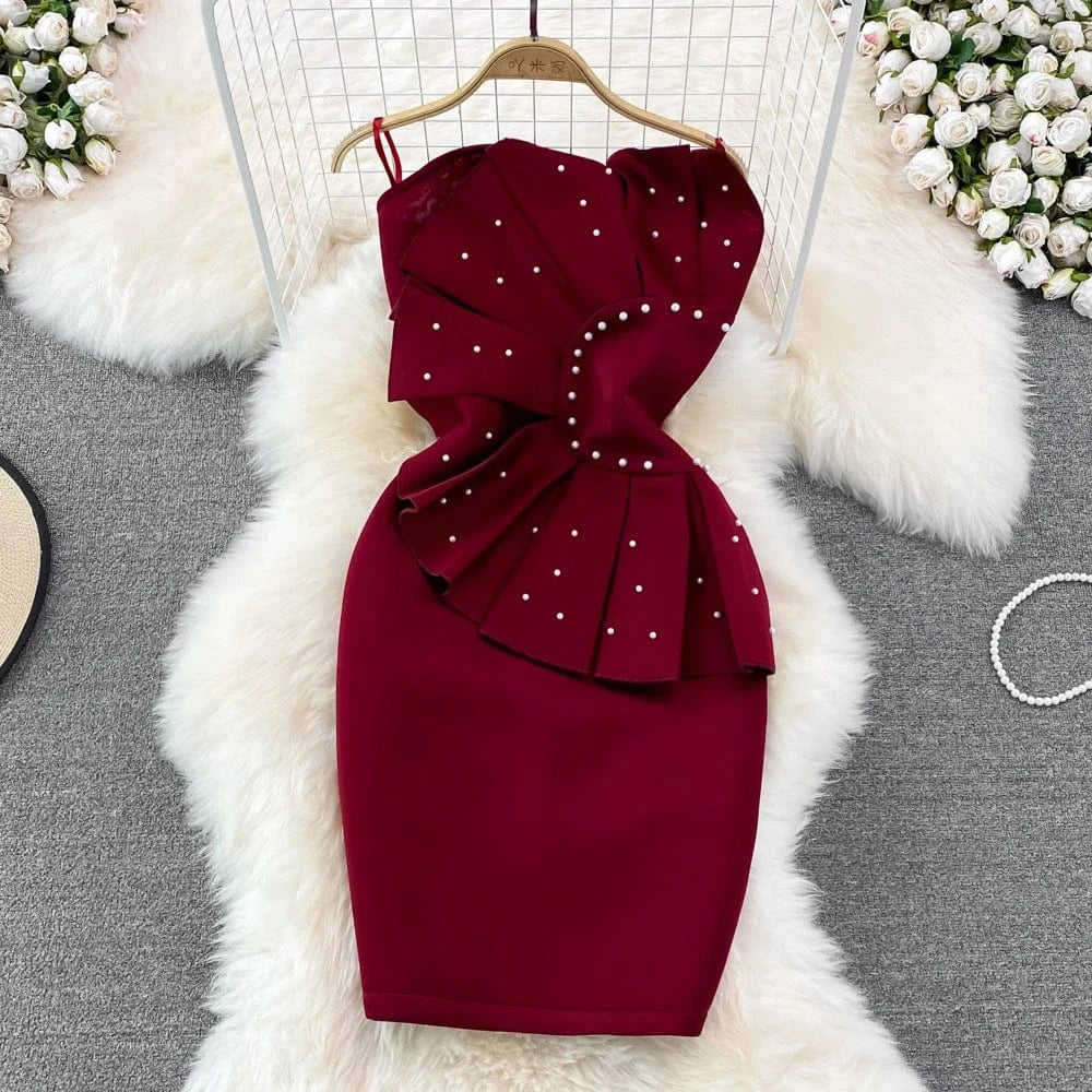 L / Wine red 2024 Spring Fashion Women Slim Sleeveless Beaded Pleated Sheath Split Halter Package Hip Gown Dresses