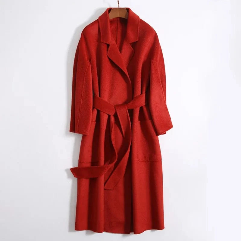 L / Wine Red Factory Loose Belted Wool Coats Water Wave Turn Down Collar Elegant Women Cashmere Coat