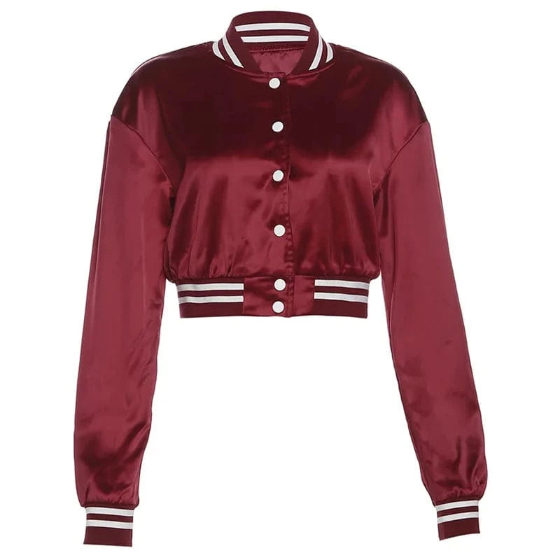 L / Wine Red Kliou K23C34432 Autumn Women Short Preppy Style Ribbed Varsity Jacket Casual Old School Vintage Young Crop Tops Coat