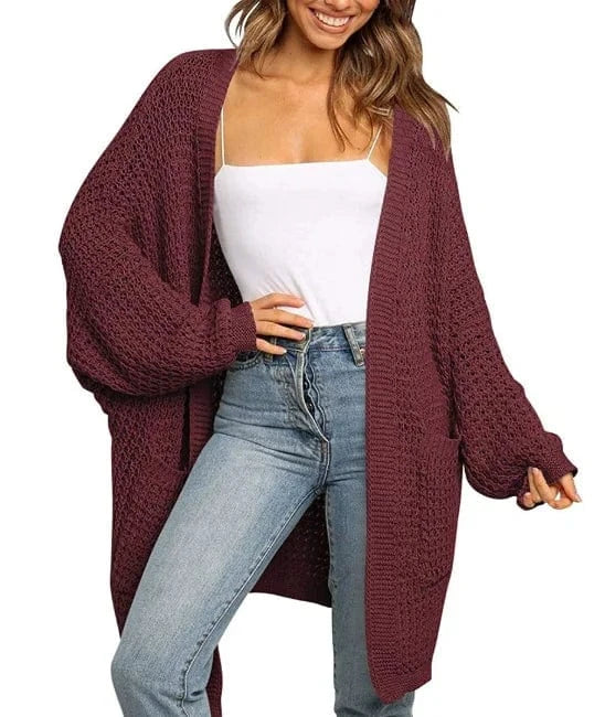 L / Wine red Liu Ming Autumn Winter Hot Selling 2024 Trending Women Casual Solid Color Long Sleeve Mid Length Knitted Cardigan Sweater