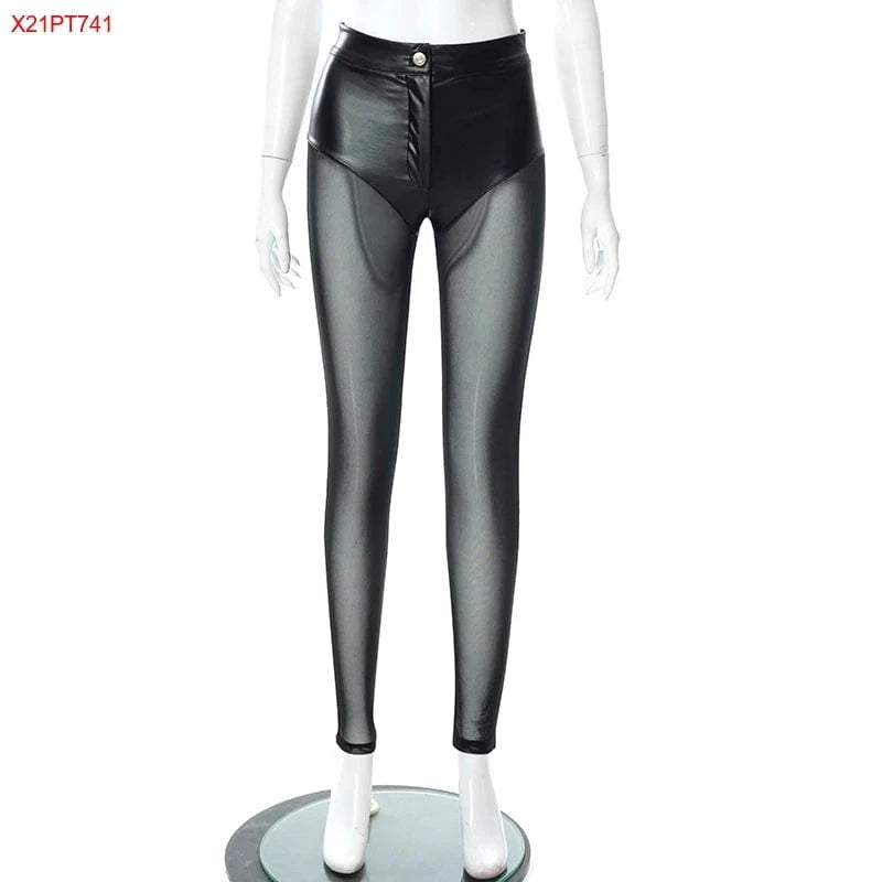 L / X21PT741 Black Bomblook X21PT741 Fashion New Arrival 2024 Women Leggings Leather Mesh Patchwork Button Partywear Women Leggings