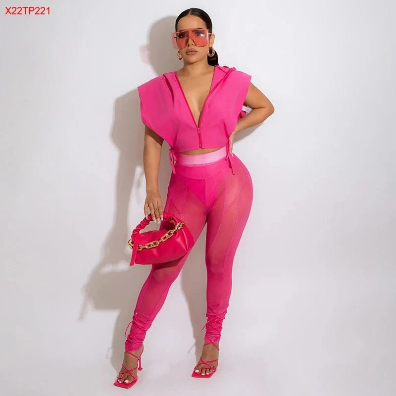 L / X22TP221  Rose Red / Spandex / Polyester Bomblook X22TP221 Summer New Arrivals Hot Sale Short Sleeve O Neck Solid Color Zipper Hoodie Crop Top 2024 Women Fashion