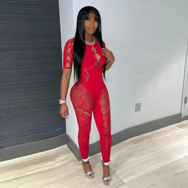 L/XL / Red Valentines Clothes 2024 Outfits Short Sleeves Spandex Full Bodysuits for Women Sexy Cutout Shapewear Lace Bodysuit Thong