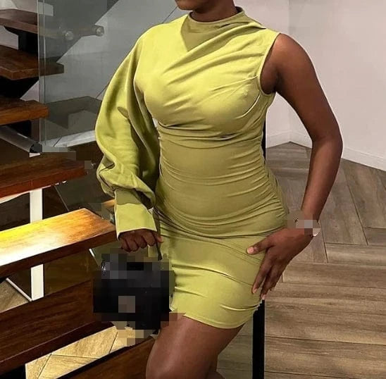 L / Yellow 2024 New Fashion Sing Sleeve Casual Dress Women O-Neck Mini Dress Solid Color Wrinkle Bodycon Dresses