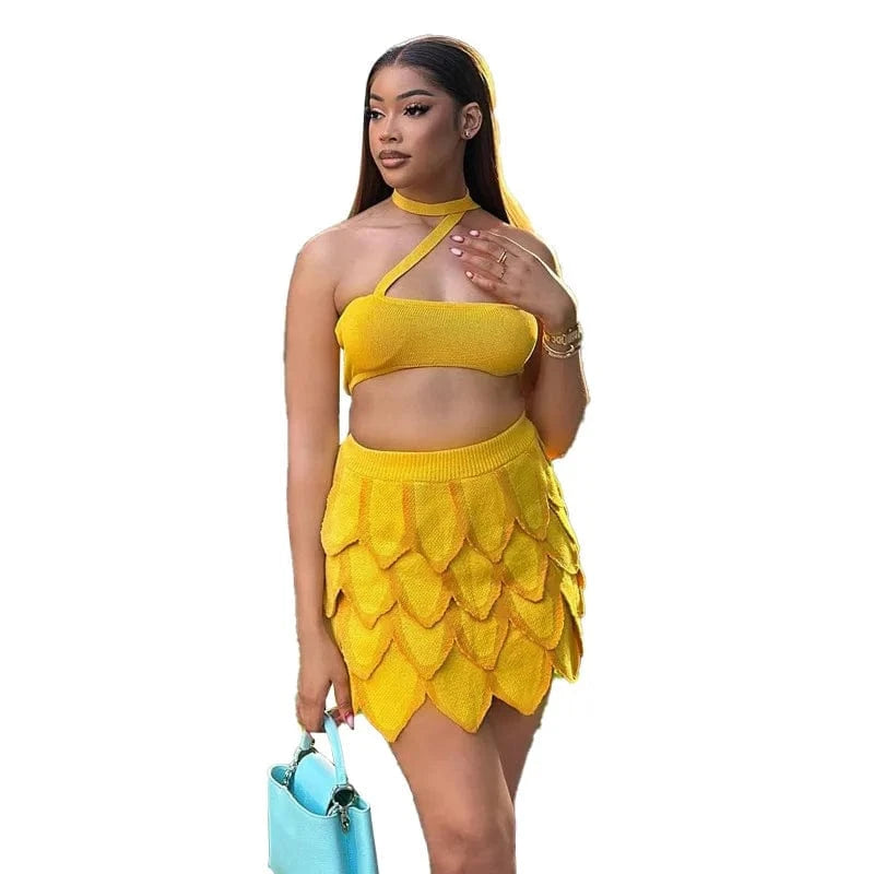 L / Yellow BR3975 2024 spring women's clothing new fashion knitted tube neck high waist slim skirt casual suit