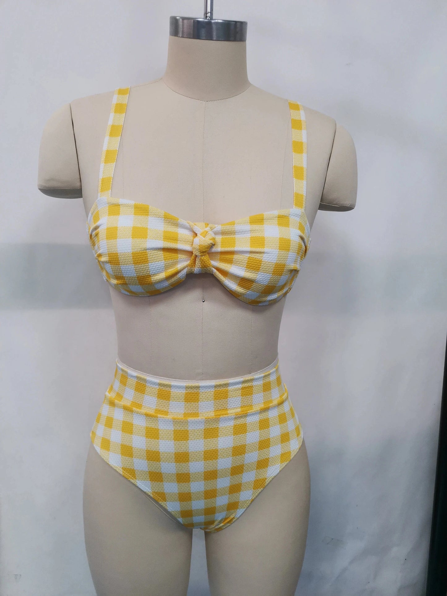 L / Yellow grid Explosive Split Swimsuit New Solid Color Striped High Waist Sexy Bikini Set Woman Bikinis & Beachwear Swimwear 2024