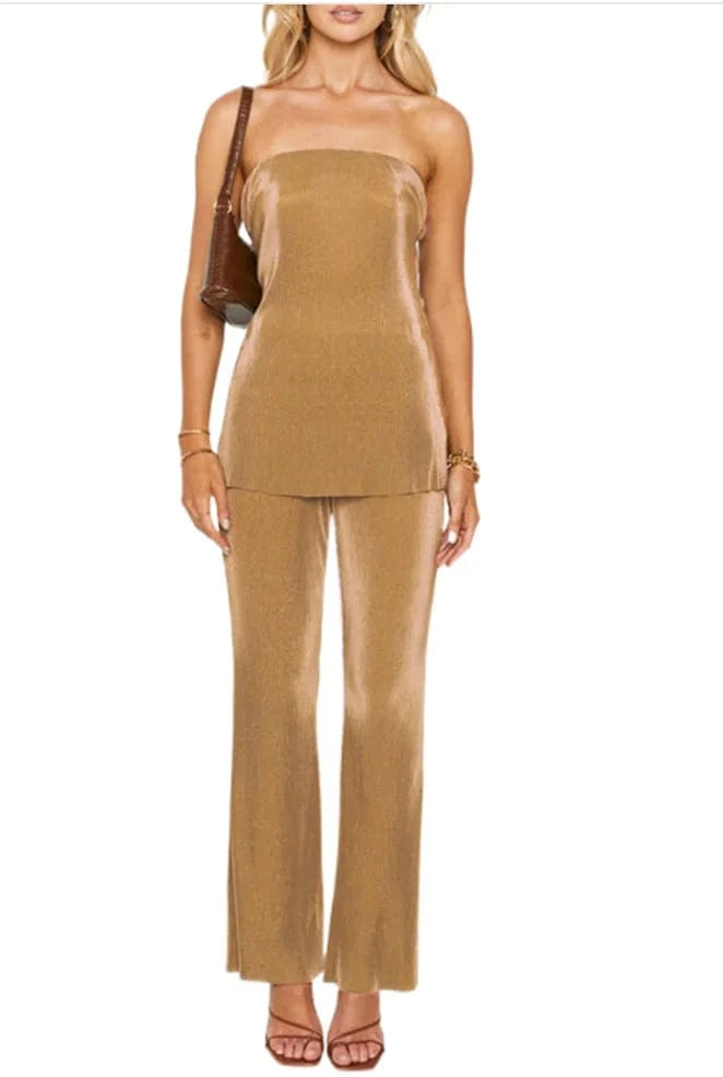 L / Yellow Liu Ming New Arrivals Products Women Summer Sexy Tube Top Solid Color Two Piece Elegant Long Trousers Set