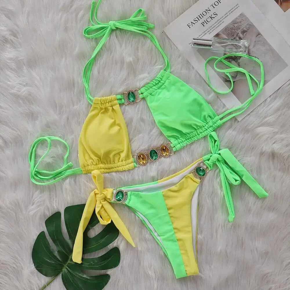 L / Yellow New arrivals 2024 summer diamond two piece swimwear beachwear beachwear woman bikini
