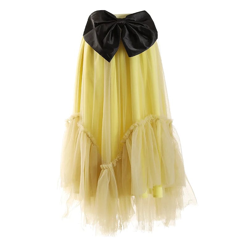 L / Yellow OUDINA New Fashion High Waist Casual Mesh Bow Ladies A-line Skirt Women's Long Skirts