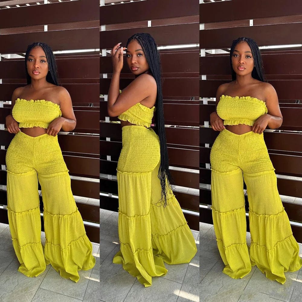 L / Yellow Pleated Set 2 Piece Woman Outfits Summer Solid Color Boho Flared Pants Set Tube Top Two Piece Smocked Wide Leg Pants Set