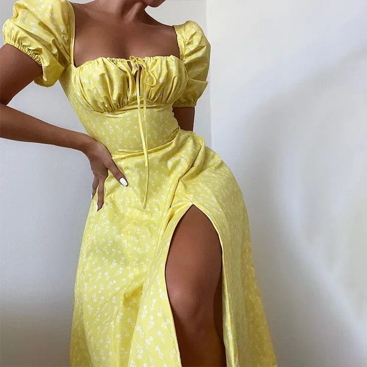 L / Yellow summer fashion elegant boho print Slit maxi dress women french romantic party vacation beach casual floral dress ladies