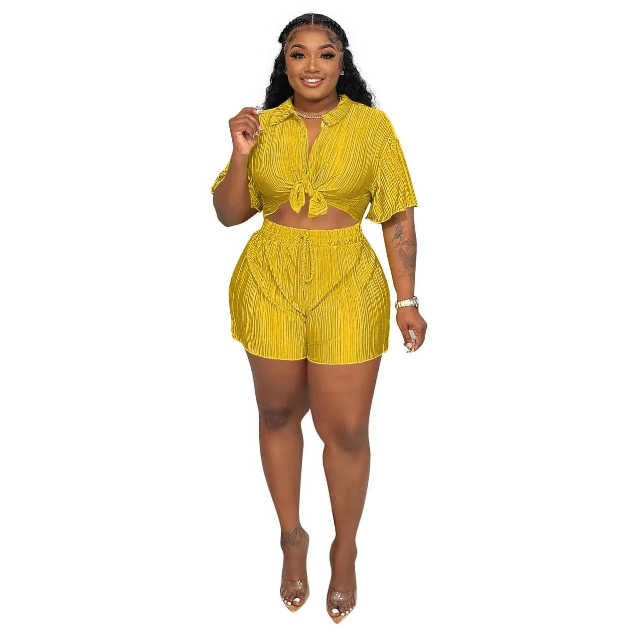L / Yellow Z140353 2024 spring summer black womens t-shirt and shorts sets Casual Wrinkle 2 piece short shirt set with button